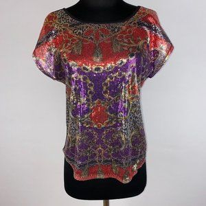 Bongo Juniors S Patterned Sequin Front Dolman Sleeve Round Hem Top Knit Back Y2K